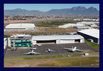 An aerial picture of an ExecuJet private terminal with business jets in Cape Town, South Africa.